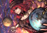  1girl bare_shoulders berabou chain clothes_writing collar earth_(ornament) hat hecatia_lapislazuli long_hair moon_(ornament) red_eyes redhead shirt skirt smile solo t-shirt touhou 