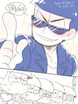  2koma 6+boys :3 blue_eyes blue_hair brothers comic english finger_gun heart heart_in_mouth highres jacket looking_at_viewer matsuno_choromatsu matsuno_ichimatsu matsuno_juushimatsu matsuno_karamatsu matsuno_osomatsu matsuno_todomatsu multiple_boys open_clothes open_jacket osomatsu-kun osomatsu-san piyotya sextuplets short_hair siblings simple_background sketch sparkle spoken_heart sunglasses sweatdrop veins wall-eyed white_background 