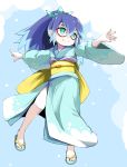  1girl aqua_eyes bespectacled blue_hair blush fubukihime glasses hair_ornament high_ponytail highres japanese_clothes kimono long_hair long_sleeves momo_(higanbana_and_girl) multicolored_hair obi purple_hair red-framed_glasses sandals sash simple_background smile solo two-tone_hair wide_sleeves youkai youkai_watch 