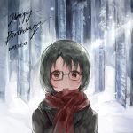  1girl black_hair blush chan1moon commentary dated glasses happy_birthday highres idolmaster idolmaster_million_live! long_hair looking_at_viewer open_mouth red_eyes scarf sketch smile solo takayama_sayoko 
