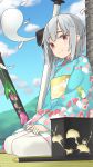  1girl alternate_costume bob_cut floral_print furisode hair_ribbon hairband highres japanese_clothes katana kimono konpaku_youmu ootachi ribbon scabbard seiza sheath short_hair silver_hair sitting smile solo sword tatami touhou weapon 