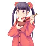  1girl aoki_hagane_no_arpeggio black_hair bowl chopsticks coat eating food long_hair mochi red_eyes tsuchimata twintails wagashi zuikaku_(aoki_hagane_no_arpeggio) 