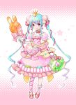  1girl :q aqua_hair asymmetrical_clothes bag bow candy candy_hair_ornament dress food_as_clothes food_themed_clothes food_themed_earrings food_themed_ornament frilled_dress frills full_body gloves hair_bow handbag highres konpeitou lollipop long_hair looking_at_viewer multicolored_hair nekomissile original pantyhose personification pink_bow pink_dress pink_hair pink_shoes pocketland red_eyes shoes sidelocks smile solo standing striped striped_legwear tongue tongue_out twintails two-tone_hair white_gloves 