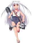  1girl :d hair_ribbon heterochromia kantai_collection long_hair looking_at_viewer machinery open_mouth original ribbon school_swimsuit school_uniform serafuku smile solo swimsuit swimsuit_under_clothes torpedo translation_request turret two_side_up very_long_hair white_hair yukimi_unagi 