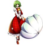  1girl absurdres ascot baba_(baba_seimaijo) full_body green_hair harukawa_moe_(style) highres kazami_yuuka long_skirt long_sleeves looking_at_viewer parasol parody plaid plaid_skirt plaid_vest puffy_sleeves red_eyes shirt shoes short_hair skirt skirt_set smile socks solo style_parody touhou transparent_background umbrella vest white_legwear 