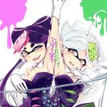  +_+ 2girls aori_(splatoon) arm_up black_dress black_hair blush brown_eyes character_name cup detached_collar dress drinking_glass earrings fangs fishing fishnets food food_on_head gloves holding_hands hotaru_(splatoon) jewelry long_hair looking_at_viewer mask mole mole_under_eye multiple_girls object_on_head one_eye_closed open_mouth oversized_object paint_splatter pointy_ears short_hair short_jumpsuit sitting sketch smile splatoon strapless strapless_dress tentacle_hair tsuzuri_(nahime) white_gloves white_hair 