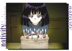  1girl birthday_cake bishoujo_senshi_sailor_moon black_hair cake candle food fruit hino_ryutaro icing light_smile short_hair solo strawberry tomoe_hotaru upper_body violet_eyes 