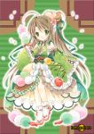  1girl bow brown_hair cherry cherry_blossoms chocolate_syrup dango detached_sleeves dress flower food food_as_clothes food_themed_clothes food_themed_hair_ornament food_themed_ornament frilled_dress frills fruit full_body green_bow hair_bow hair_flower hair_ornament highres long_hair looking_at_viewer original parfait personification pocketland red_bow shoes solo standing tamagoboro traditional_media wagashi white_shoes 