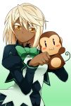  1girl alternate_costume blonde_hair bow commentary_request dark_skin eyebrows eyebrows_visible_through_hair gradient gradient_background guilty_gear hand_puppet highres long_hair monkey no_hat orange_eyes paw_pose puchi-pochi puppet ramlethal_valentine school_uniform solo 