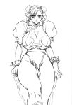  1girl bracelet breasts china_dress chinese_clothes chun-li curvy detached_sleeves double_bun earrings inoue_takuya jewelry large_breasts looking_at_viewer monochrome pelvic_curtain short_hair short_sleeves simple_background sitting spiked_bracelet spikes street_fighter white_background 