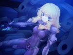  1girl artist_request bernadette_le_tigre_de_la_riviere blonde_hair blue_eyes bodysuit breasts cockpit controller covered_navel dutch_angle frown game_cg highres joystick long_hair muvluv official_art petite science_fiction sitting skin_tight small_breasts spread_legs the_euro_front wavy_hair 