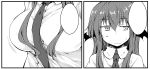  1girl :| bat_wings between_breasts blank_speech_bubble breasts chata_maru_(irori_sabou) collared_shirt demon_girl dress_shirt expressionless flat_gaze halftone head_out_of_frame head_wings koakuma large_breasts long_hair long_sleeves looking_away monochrome necktie necktie_between_breasts shirt sidelocks simple_background solo speech_bubble sweatdrop taut_clothes taut_shirt touhou upper_body white_background white_shirt wings 