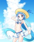  1girl bikini bikini_skirt blue_eyes blue_hair clouds hat highres kantai_collection lifebuoy long_hair samidare_(kantai_collection) sky smile sun_hat swimsuit very_long_hair yokoshima_(euphoria) 