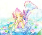  1girl alternate_costume facial_mark flower green_hair green_skin league_of_legends long_hair lotus mermaid mizoreame monster_girl nami_(league_of_legends) open_mouth river_spirit_nami solo traditional_media water yellow_eyes 