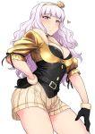  1girl beyond_the_nobles blush breasts choker cleavage gloves hairband hand_on_hip highres idolmaster large_breasts long_hair looking_at_viewer red_eyes shijou_takane silver_hair skirt smile solo tsurui 