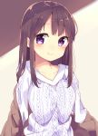  1girl bangs blush brown_background brown_hair chikuwa. collarbone long_hair looking_at_viewer original sidelocks simple_background smile solo sweater swept_bangs tareme two-tone_background upper_body violet_eyes white_background 