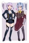  black_legwear blue_eyes blue_hair blush boots braid brown_eyes cosplay costume_switch crossover hair_between_eyes hair_ornament hairclip hands_on_hips heterochromia hidebou horns idolmaster idolmaster_cinderella_girls io_(pso2) koshimizu_sachiko looking_at_viewer multiple_girls phantasy_star phantasy_star_online_2 purple_hair short_hair shorts skirt smile thigh-highs thigh_boots translation_request yellow_eyes 