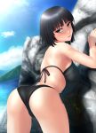  1girl against_rock ass bikini black_hair blue_eyes breasts dutch_angle fubuki_(onepunch_man) highres large_breasts looking_back one-punch_man short_hair solo swimsuit tai_(2vs) 