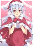  1girl blush breasts cape dress fur gloves hair_between_eyes hair_rings hat highres large_breasts long_hair looking_at_viewer matoi_(pso2) milkpanda mittens open_mouth over_shoulder phantasy_star phantasy_star_online_2 red_cape red_dress red_eyes red_gloves round_teeth santa_hat silver_hair solo teeth twintails 