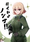  1girl akitsuchi_shien bed blonde_hair blue_eyes cowboy_shot gloves headwear_removed helmet helmet_removed highres holding katyusha looking_at_viewer military military_uniform short_jumpsuit sleeping smile solo sparkle standing thought_bubble translated uniform zzz 