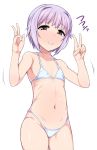  1girl bikini brown_eyes double_v flat_chest hidebou idolmaster idolmaster_cinderella_girls koshimizu_sachiko purple_hair short_hair standing swimsuit v 