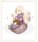  1girl androgynous blush breasts brown_hair claws closed_eyes commentary dress fang frisk_(undertale) goat_ears horns lap_pillow large_breasts lesser_dog pomf shorts sitting smile snout toriel undertale whistle_frog yellow_eyes yokozuwari 