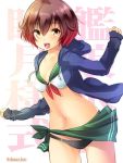  1girl adapted_costume breasts brown_eyes brown_hair gradient_hair hair_ornament hood hooded_jacket jacket kantai_collection looking_at_viewer maki_(seventh_heaven_maxion) midriff multicolored_hair mutsuki_(kantai_collection) navel open_clothes open_jacket open_mouth redhead short_hair 