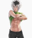  1boy abs asura_(fire_emblem_if) black_hair fire_emblem fire_emblem_if grey_background hashiko_(neleven) multicolored_hair simple_background solo two-tone_hair undressing white_hair yellow_eyes 