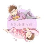  2boys brothers brown_hair cat circle glasses hat heart highres izumi_(milkywhite2) lying male_focus matsuno_ichimatsu matsuno_todomatsu messy_hair multiple_boys nightcap on_side osomatsu-kun osomatsu-san pajamas pillow siblings sleeping spoken_heart star striped striped_pajamas 