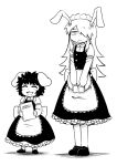  2girls :&lt; animal_ears apron closed_eyes commentary inaba_tewi jitome long_hair maid maid_headdress multiple_girls nicetack rabbit_ears reisen_udongein_inaba short_hair simple_background smile touhou waist_apron 