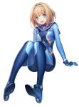  1girl blonde_hair blue_eyes bodysuit hairband heavy_object highres looking_at_viewer milinda_brantini open_mouth sitting smile solo steelleets 