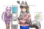  2girls :d alternate_costume animal_ears anubis_(monster_girl_encyclopedia) artist_request black_hair blush cat_ears cat_tail cheshire_cat_(monster_girl_encyclopedia) closed_eyes crossed_arms embarrassed english fur hair_ornament highres hime_cut laughing long_hair looking_at_viewer monster_girl monster_girl_encyclopedia multicolored_hair multiple_girls necktie office_lady open_mouth paws purple_hair red_eyes simple_background smile squiggle striped_tail tail two-tone_hair very_long_hair water_cooler white_background 