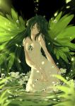  1girl arm_at_side bangs bare_shoulders black_background blurry breasts cleavage depth_of_field dress floating_object green green_hair green_ribbon green_wings head_tilt highres long_hair partially_submerged ribbon ripples saya saya_no_uta see-through sleeveless sleeveless_dress solo spaghetti_strap strap_slip sundress sunlight swept_bangs very_long_hair wading water_drop white_dress white_flower wings yuzhi 