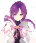  &gt;:( 1girl aisha_(elsword) antenna_hair blush bow capelet elemental_master_(elsword) elsword emblem hair_between_eyes long_sleeves looking_at_viewer low_twintails lp_(hamasa00) pink_bow pink_bowtie purple_hair serious short_hair_with_long_locks simple_background solo transparent_background twintails uniform upper_body 