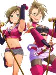  2girls arm_up armpits bare_shoulders black_legwear blush boots breasts brown_hair crop_top cropped_jacket detached_sleeves earrings elbow_gloves fingerless_gloves gloves green_eyes headphones idolmaster idolmaster_cinderella_girls jewelry kimura_natsuki looking_at_viewer machi-z microphone multiple_girls nail_polish navel one_eye_closed open_mouth pantyhose short_hair shorts skirt smile sweat tada_riina thigh-highs thigh_boots 