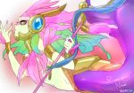  1girl artist_name character_name facial_mark green_hair highres league_of_legends mermaid monster_girl nail_polish nami_(league_of_legends) non_(nonzile) river_spirit_nami solo staff yellow_eyes 