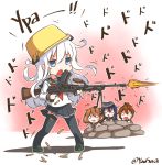  4girls akatsuki_(kantai_collection) aqua_eyes aqua_hair black_legwear black_skirt blush_stickers bren_lmg brown_hair commentary firing flat_cap folded_ponytail gun hat hibiki_(kantai_collection) ikazuchi_(kantai_collection) inazuma_(kantai_collection) kantai_collection loafers long_hair long_sleeves machine_gun multiple_girls muzzle_flash neckerchief o_o pleated_skirt pot_on_head sailor_collar school_uniform serafuku shell_casing shoes short_hair skirt thigh-highs twitter_username weapon yaosera 