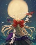  1girl bow chain chobi_(sakuyasakuhana) gourd hair_bow highres horn horn_ribbon horns ibuki_suika long_hair moon night orange_hair ribbon sakazuki shirt sleeveless sleeveless_shirt solo star_(sky) touhou 