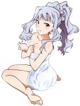  1girl absurdres akizuki_ritchan barefoot breasts cleavage highres idolmaster idolmaster_million_live! long_hair naked_towel ponytail shijou_takane silver_hair simple_background smile solo towel vector_trace violet_eyes 