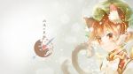  1girl animal_ears bow brown_eyes brown_hair cat cat_ears cat_tail chen face hat im_(badmasa) jewelry mob_cap multiple_tails short_hair single_earring smile snowing solo tail touhou two_tails upper_body 