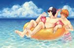  2boys artist_name black_hair blue_sky clouds crab floaties haikyuu!! hat hinata_shouyou innertube juice_box kageyama_tobio male_focus multiple_boys ocean orange_eyes orange_hair partially_submerged sangcoon signature sky sunglasses swim_trunks 