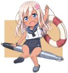  1girl blonde_hair blue_eyes blush bracelet chibi crocs crop_top flower hair_flower hair_ornament jewelry kantai_collection komase_(jkp423) lifebuoy long_hair one-piece_tan open_mouth ro-500_(kantai_collection) sailor_collar school_swimsuit simple_background sitting smile swimsuit swimsuit_under_clothes tan tanline torpedo 