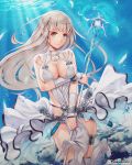  1girl aqua_eyes bracelet breasts circlet cleavage feathers groin jewelry long_hair looking_at_viewer official_art remana revealing_clothes silver_hair smile solo staff thigh-highs thigh_strap unmei_no_clan_battle white_legwear 