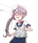  1girl akebono_(kantai_collection) blush disco_brando embarrassed kantai_collection long_hair open_mouth patting_head petting side_ponytail simple_background skirt small_breasts upper_body 