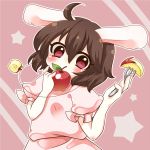  1girl ahoge animal_ears apple apple_slice blush brown_hair covering_mouth food fork fruit hair_between_eyes inaba_tewi jewelry looking_at_viewer necklace pink_eyes puffy_short_sleeves puffy_sleeves rabbit_ears s-s_(ss) short_sleeves solo star touhou 