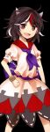  1girl :d alphes_(style) bangle black_background black_hair bracelet directional_arrow horns jewelry kijin_seija looking_at_viewer misha_(hoongju) multicolored_hair open_mouth parody red_eyes redhead sash short_hair short_sleeves skirt smile solo streaked_hair style_parody touhou white_hair 