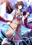 1girl alternate_costume bird_wings black_hair black_wings e.o. feathers hat hat_ribbon highres japanese_clothes long_sleeves pants polearm pom_pom_(clothes) red_eyes ribbon sash shameimaru_aya shirt solo tokin_hat touhou weapon wide_sleeves wings 