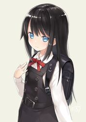  1girl asashio_(kantai_collection) backpack bag black_dress black_hair blue_eyes collared_shirt cosplay dress hibanar kantai_collection kasumi_(kantai_collection) kasumi_(kantai_collection)_(cosplay) long_hair long_sleeves remodel_(kantai_collection) school_uniform shirt simple_background solo upper_body white_background white_shirt 