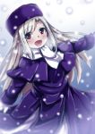  1girl :d coat fate/stay_night fate_(series) gloves har highres illyasviel_von_einzbern long_hair mittens open_mouth red_eyes scarf silver_hair smile snowing solo white_gloves winter_clothes winter_coat yunodon0315 