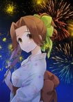  1girl bow brown_eyes brown_hair fan fireworks floral_print hair_bow hair_intakes hair_up japanese_clothes jintsuu_(kantai_collection) kantai_collection kimono obi paper_fan plum_(arch) sash smile solo yukata 